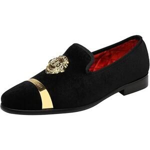 Elanroman Mens Size 9 Black Velvet Gold Slip On Low Heel Loafers Formal Shoes